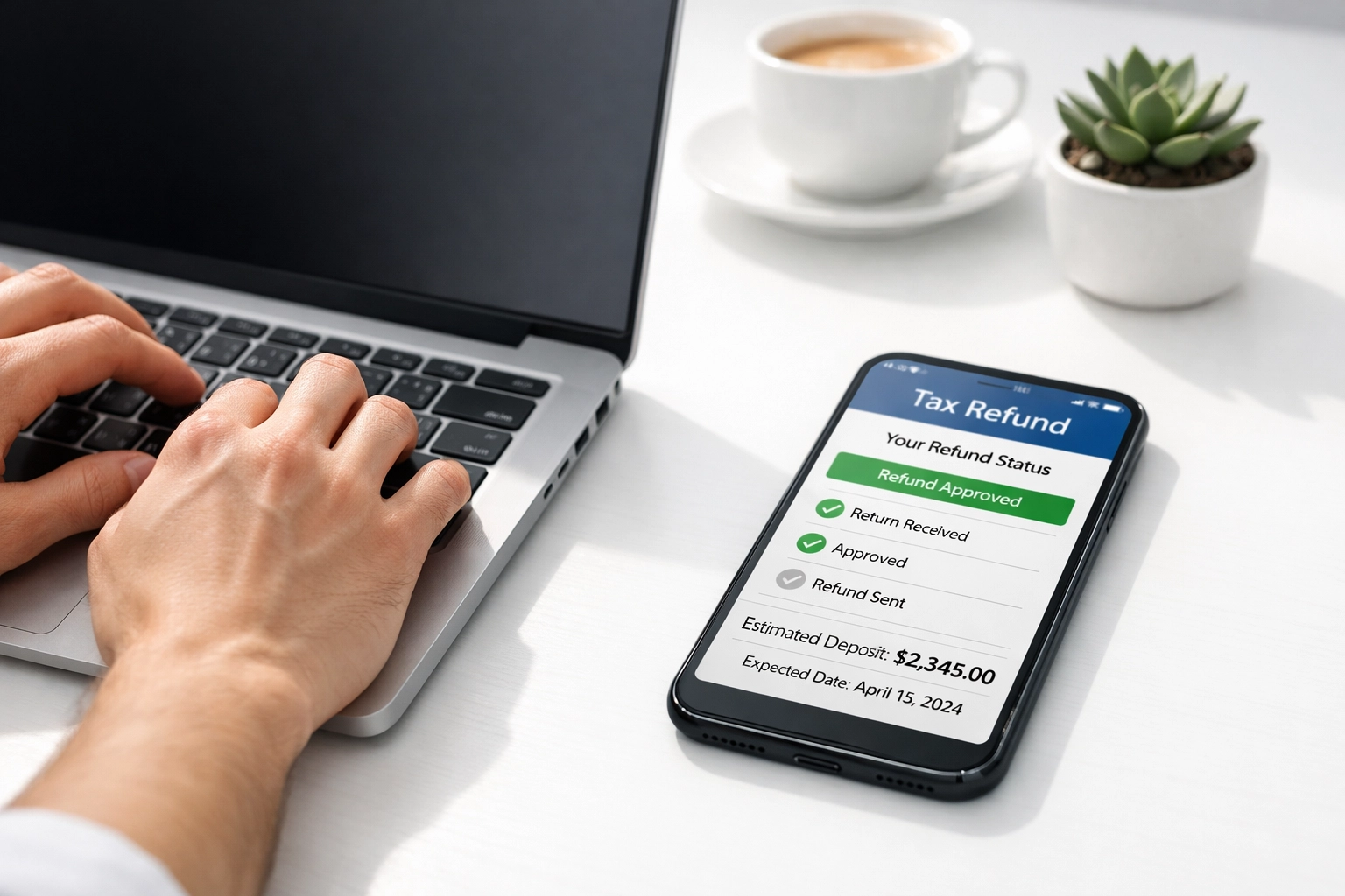 Hands typing on laptop for electronic tax filing with smartphone tracking refund status