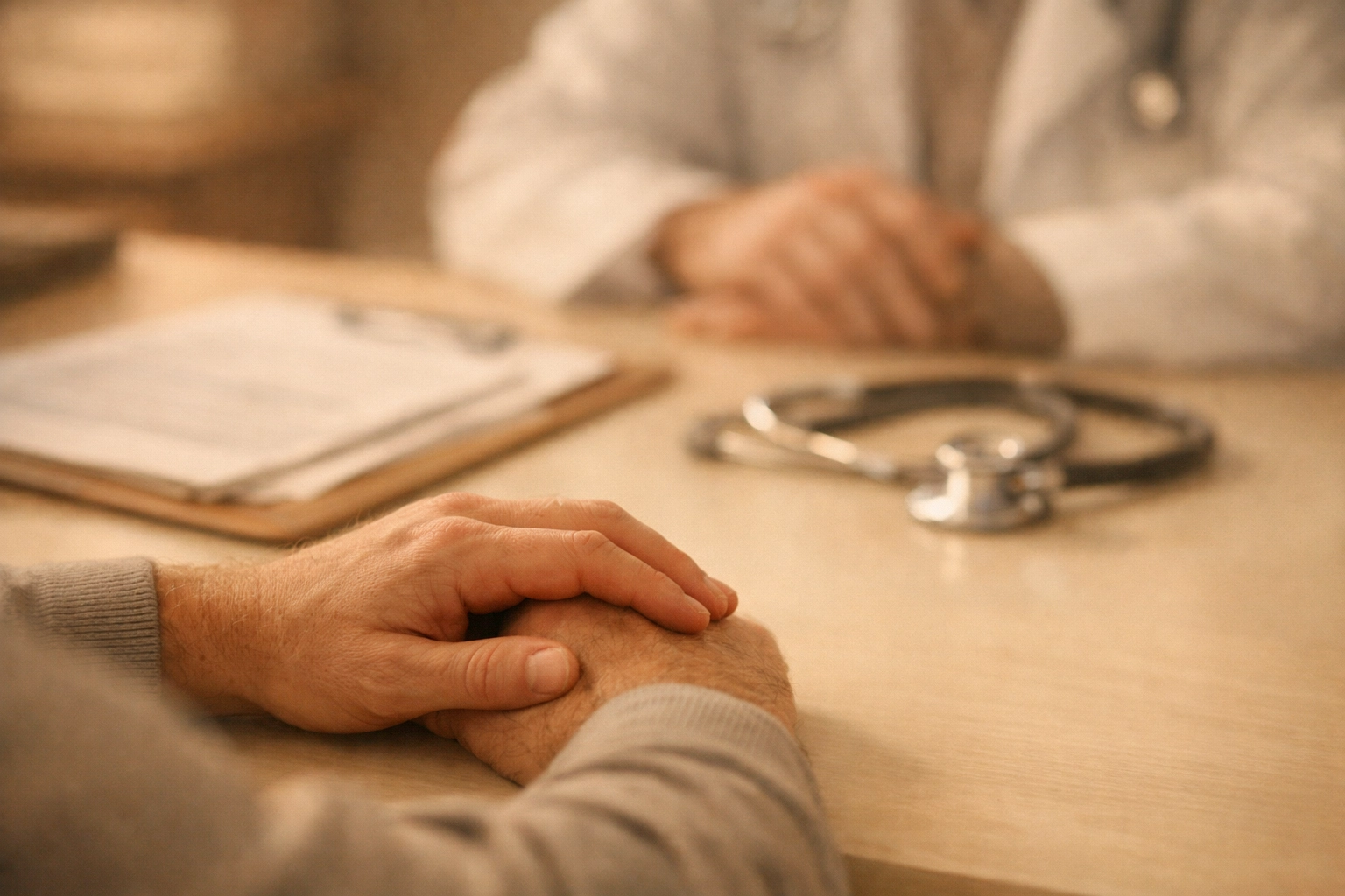 Orvosi konzultáció merevedési zavar kezelésére – páciens kéz az orvos asztalán