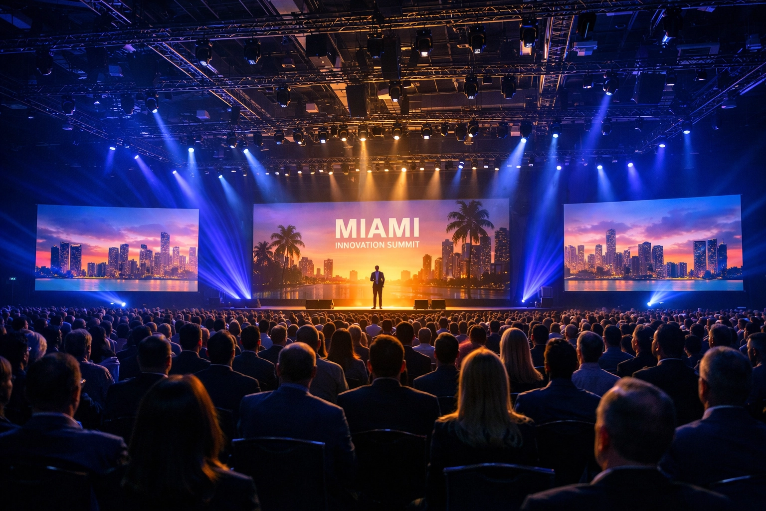 Corporate event photographer capturing a keynote speech at a major Miami conference center.