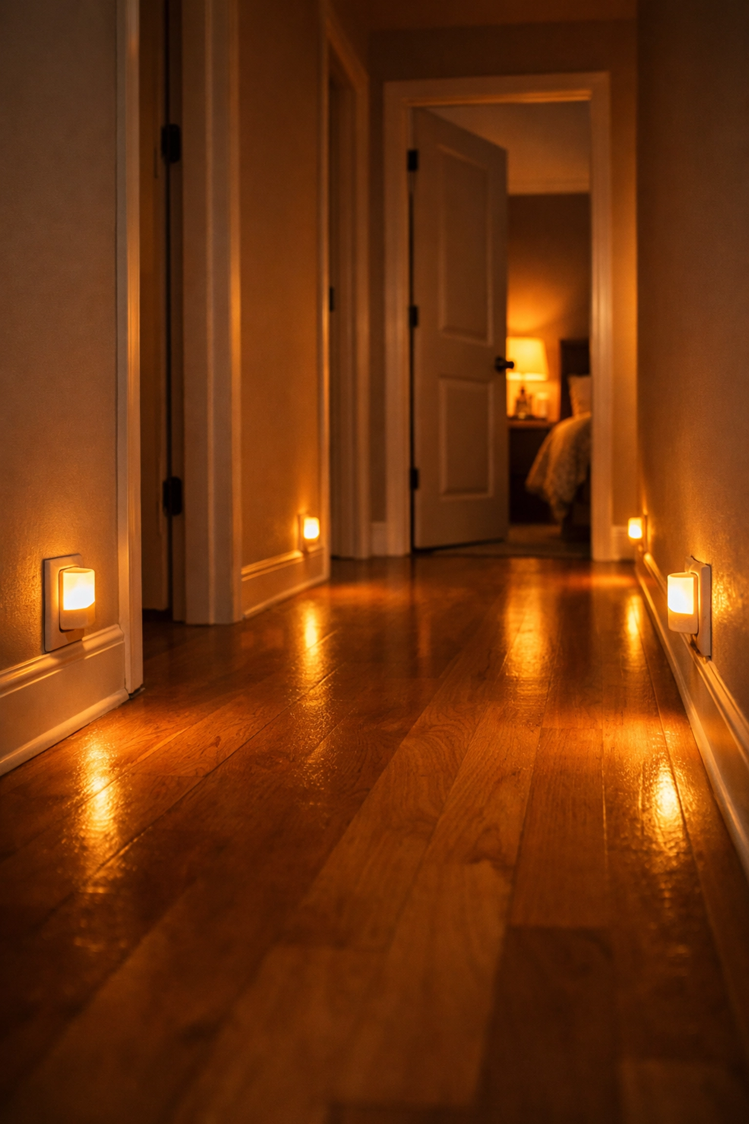 Motion-activated nightlights illuminating a hallway to prevent falls during nighttime movements.