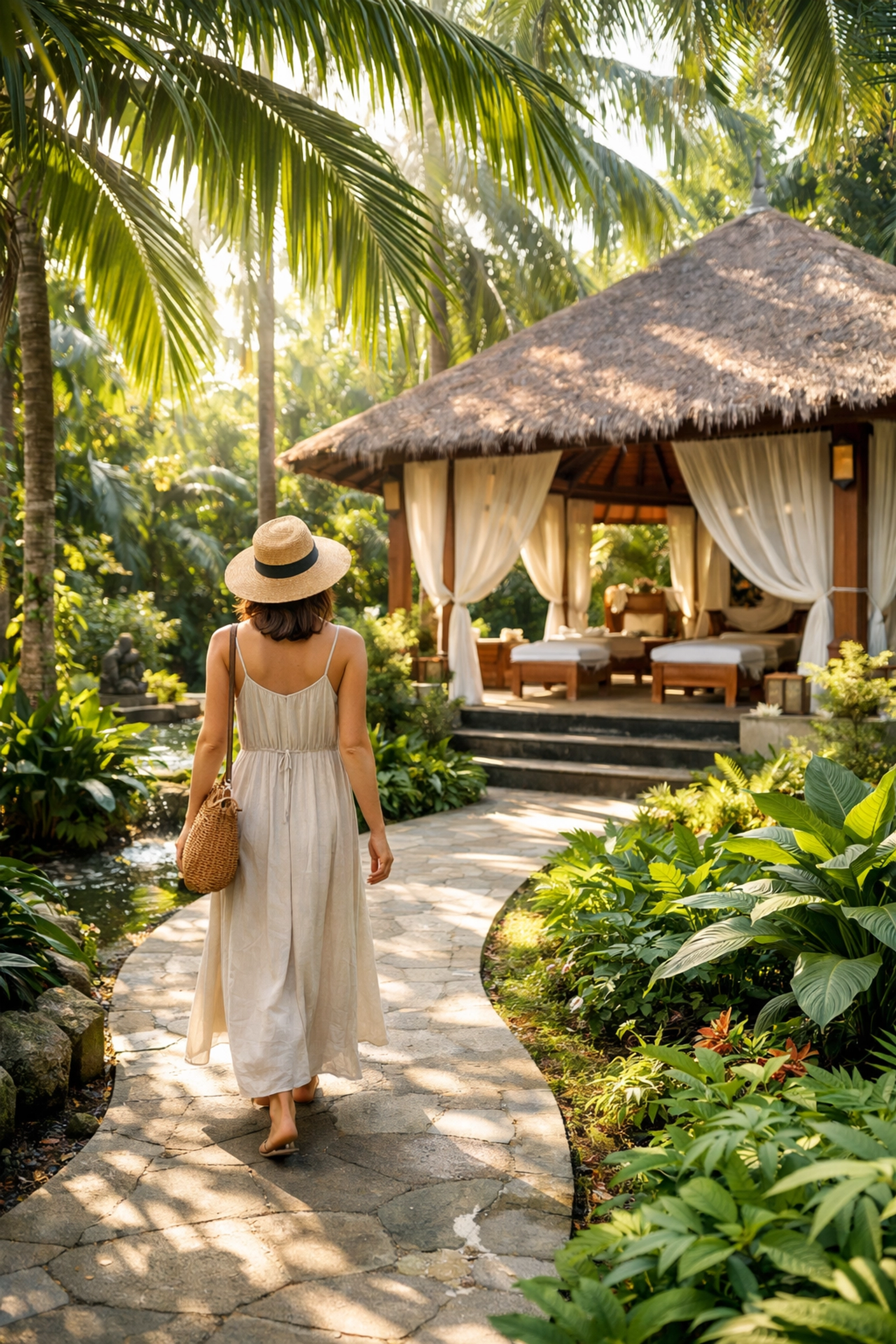A tropical resort garden path in Bali leading to a luxury spa, depicting VIP treatment and elite travel benefits.