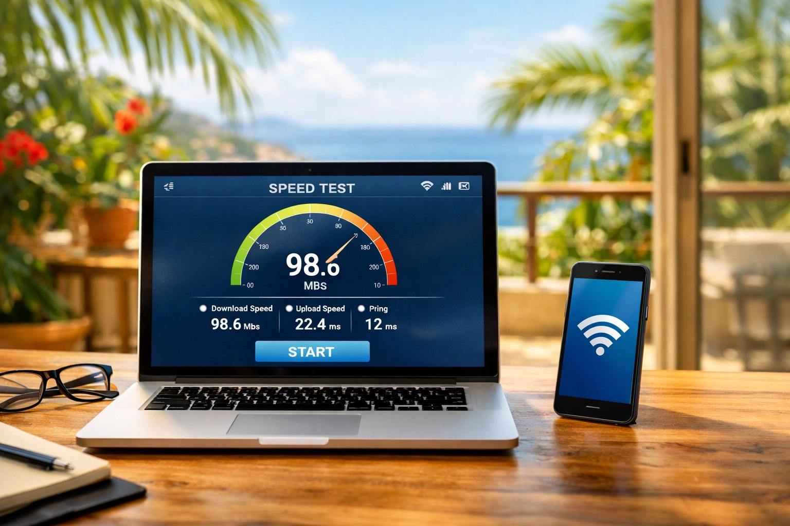 Remote worker testing WiFi speed on laptop at Puerto Vallarta rental with ocean view balcony