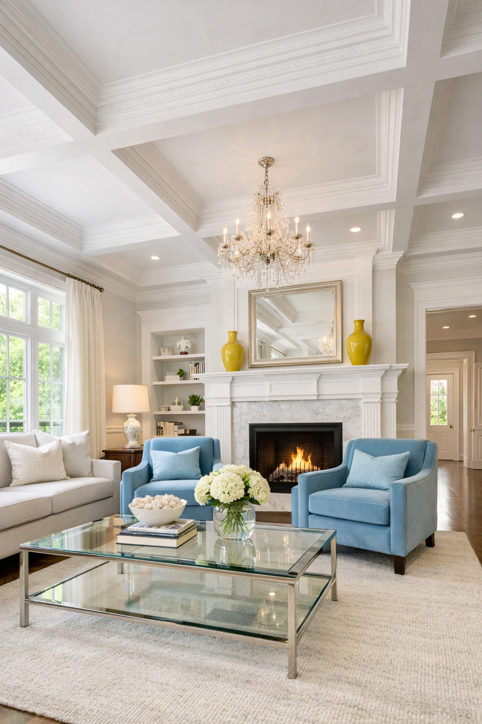 Pristine Winchester living room with dust-free crown molding from a professional cleaning routine.