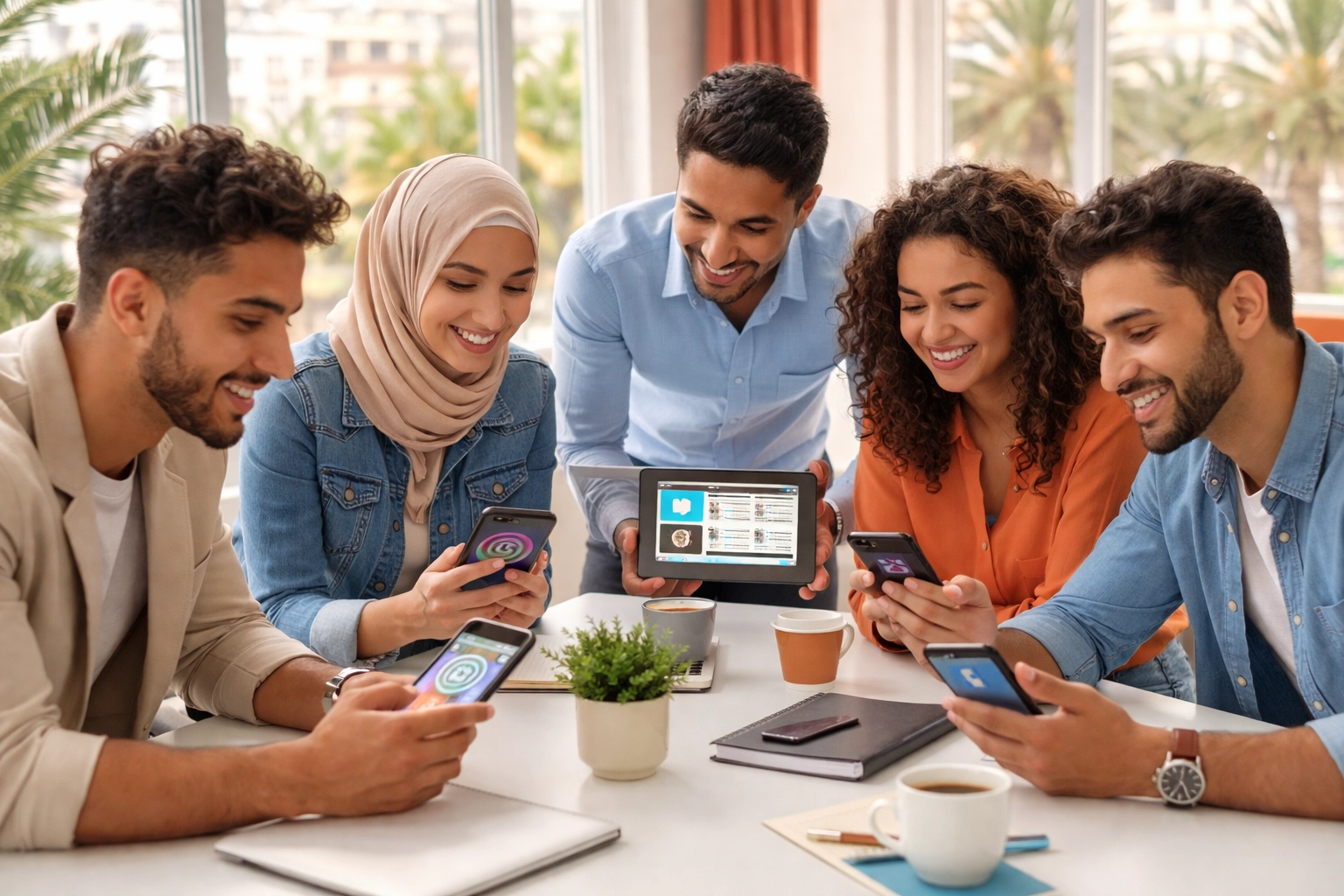 Jeunes professionnels tunisiens collaborant sur réseaux sociaux dans un bureau moderne à Tunis, marketing digital en équipe