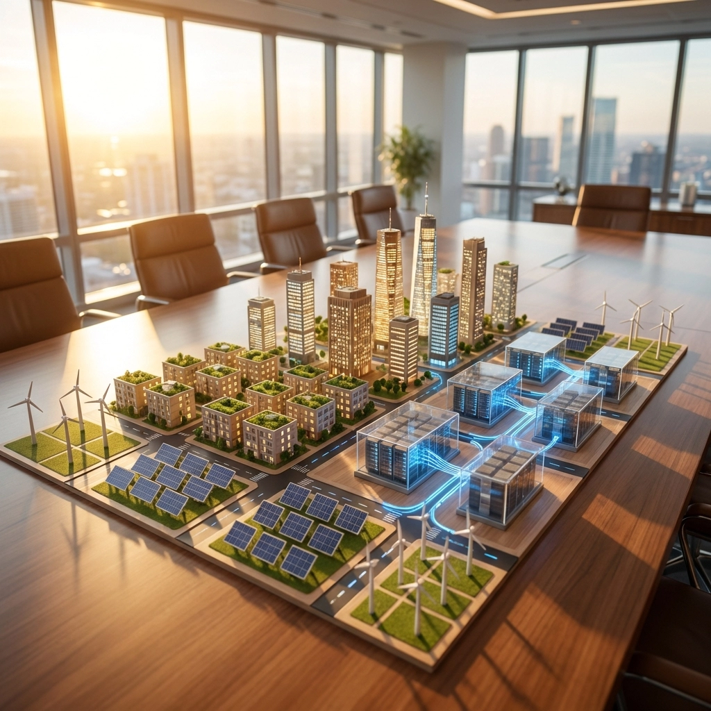 Miniature city model showing diverse real estate and infrastructure investments for accredited investors