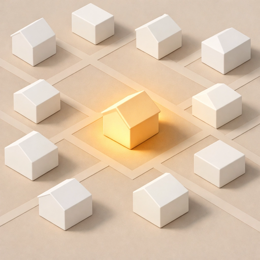 A highlighted home in a neighborhood grid illustrating buyer choice in the 2026 North Idaho real estate market.