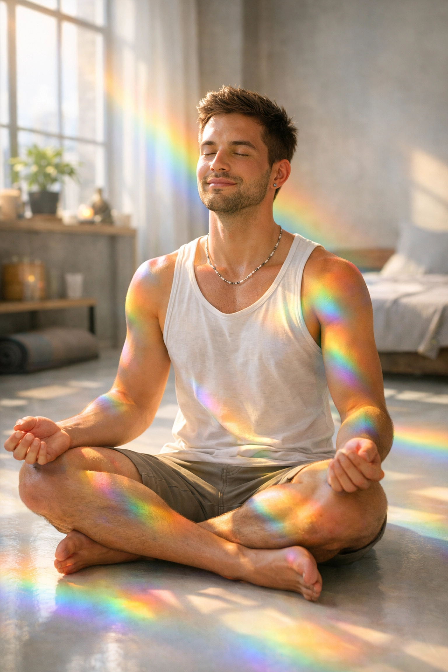 A young gay man meditating in a sunlit room with rainbow light, representing queer spirituality and healing.
