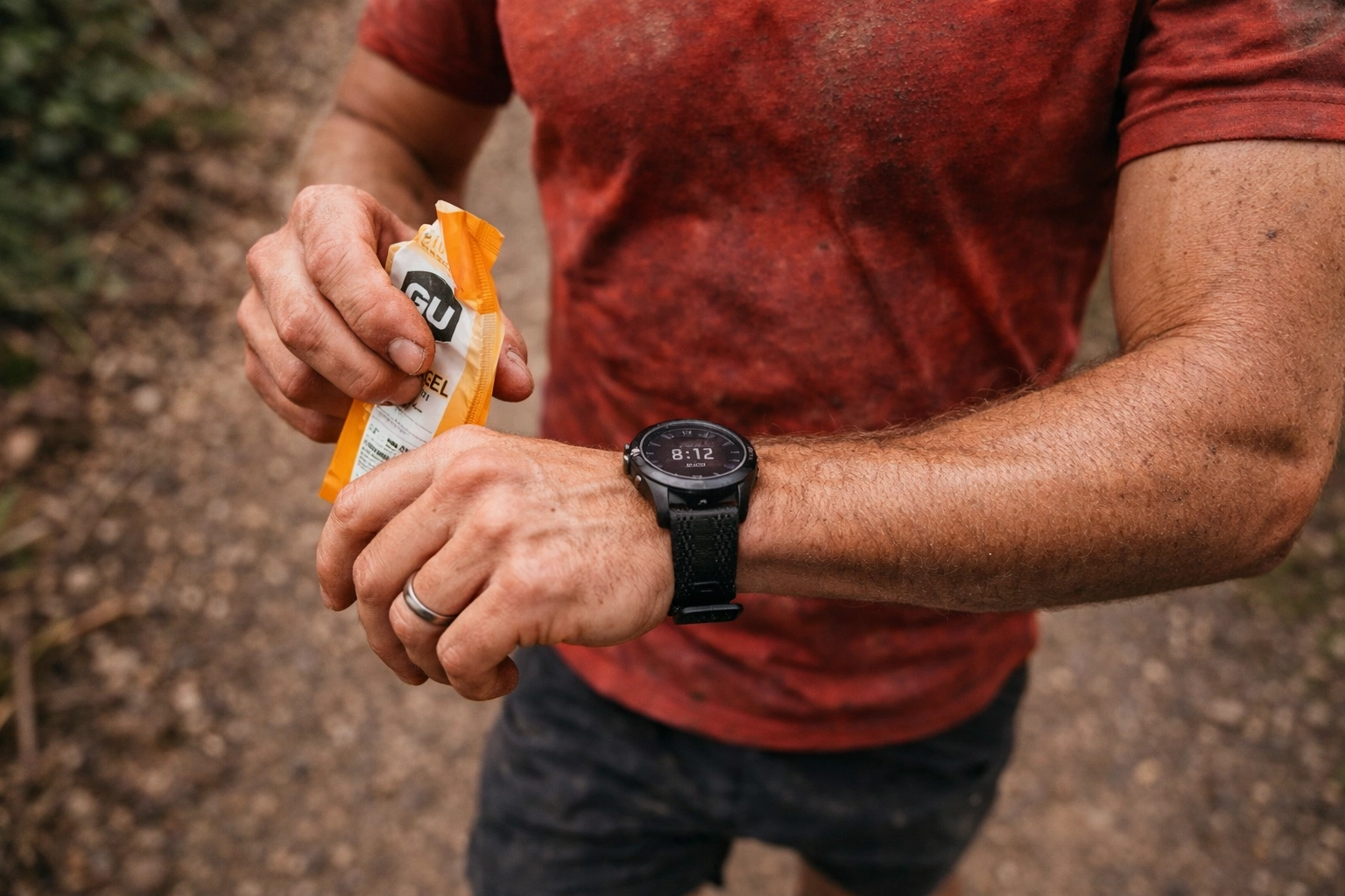 Close-up of a runner in motion with no hydration pack, vest, belt, or bag visible