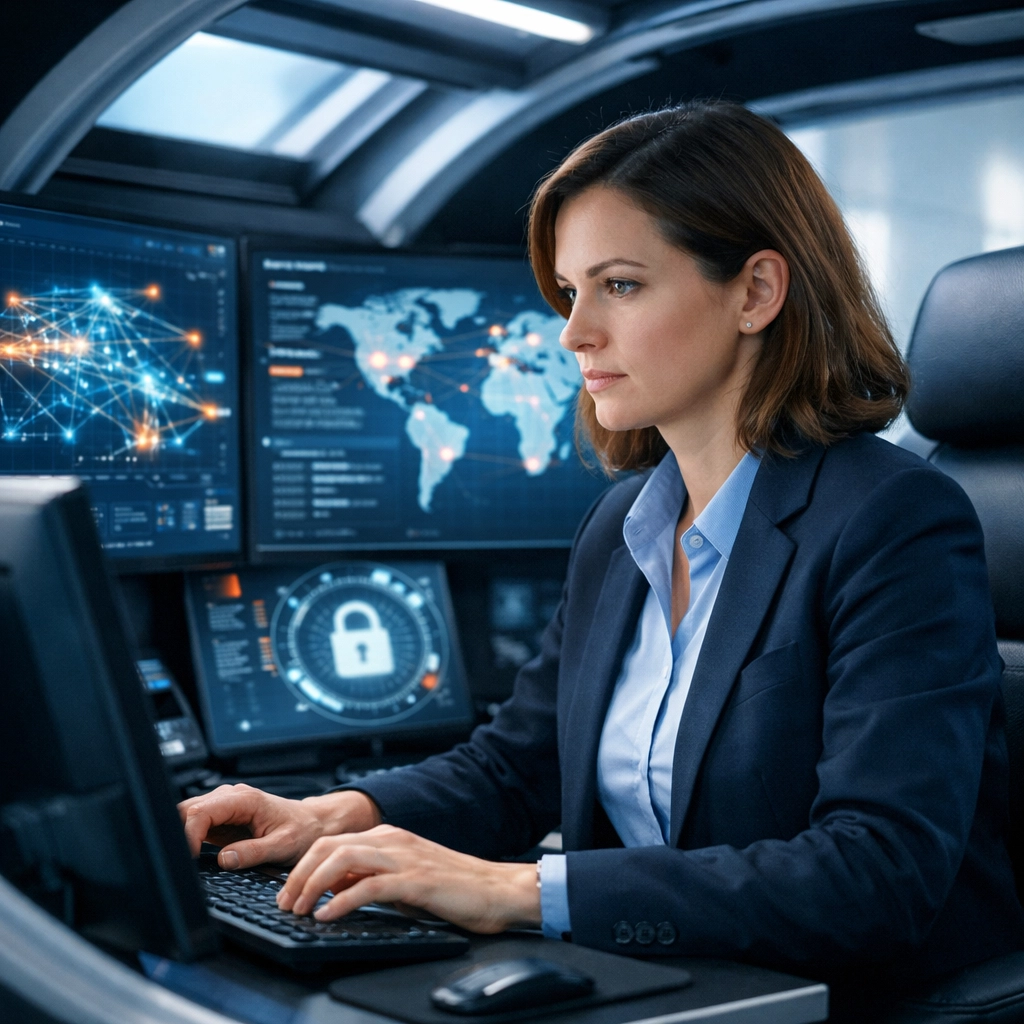 Student working in a cybersecurity training pod with high-resolution screens displaying digital network maps.