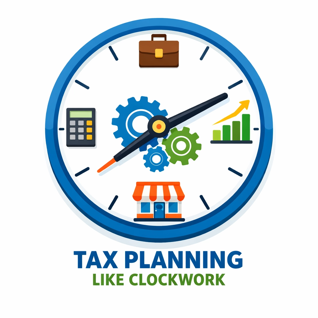 A clock with business icons representing year-round tax planning for New Haven small business owners.