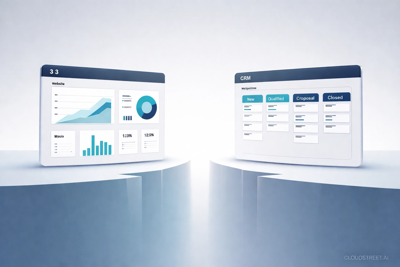Two separate dashboards, one for web analytics and one for CRM sales data, highlight the disconnect before integrating Google Analytics with Salesforce.