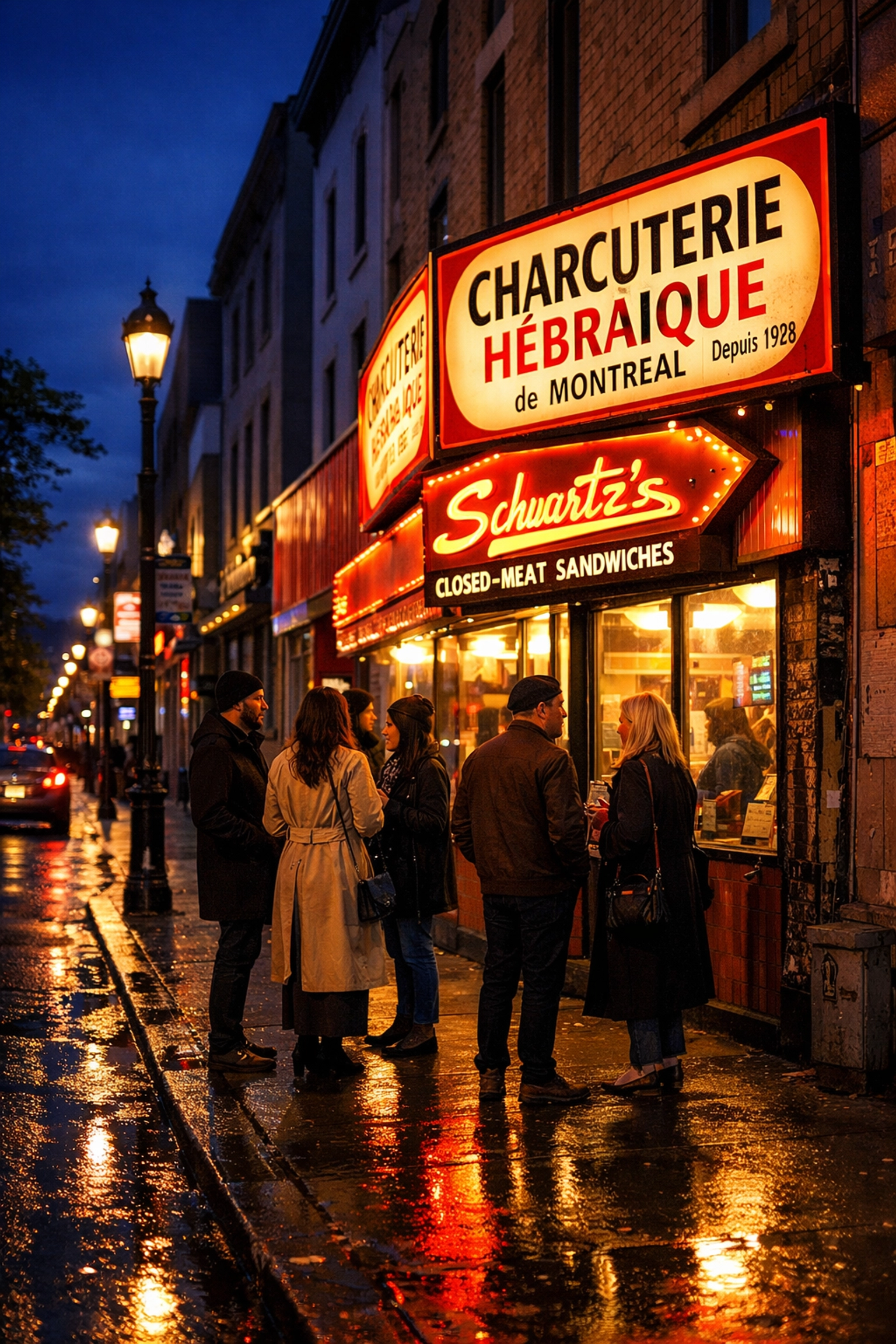 Glowing neon deli signs on Boulevard Saint-Laurent at night with locals gathered on a damp Montreal street.