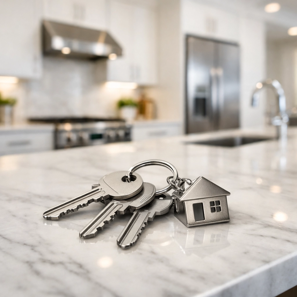 Silver keys on a marble countertop in a clean Midwest multifamily unit after professional turnover.