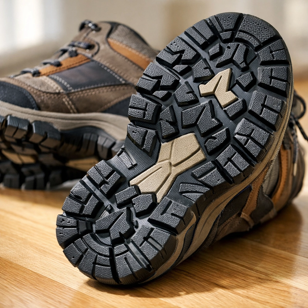 Sturdy walking shoes with non-skid rubber soles for improved balance and fall prevention in the home.