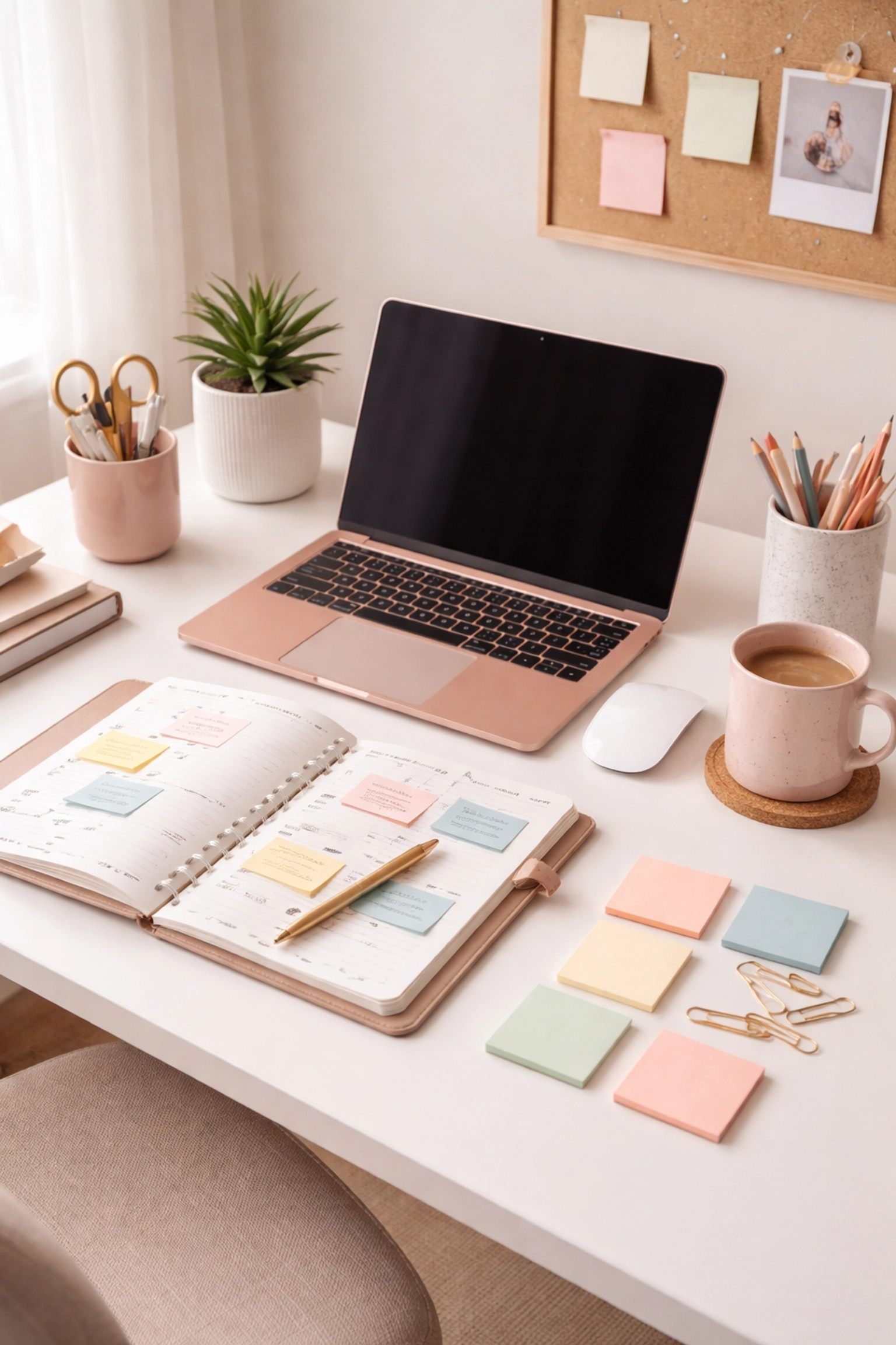 Organized home office desk with planner and laptop ready for virtual assistant support