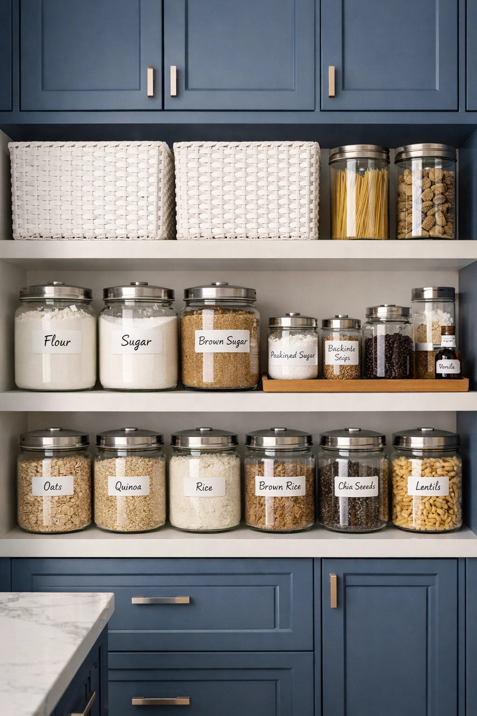 Organized walk-in pantry shelves with clear glass containers and tidy storage baskets.