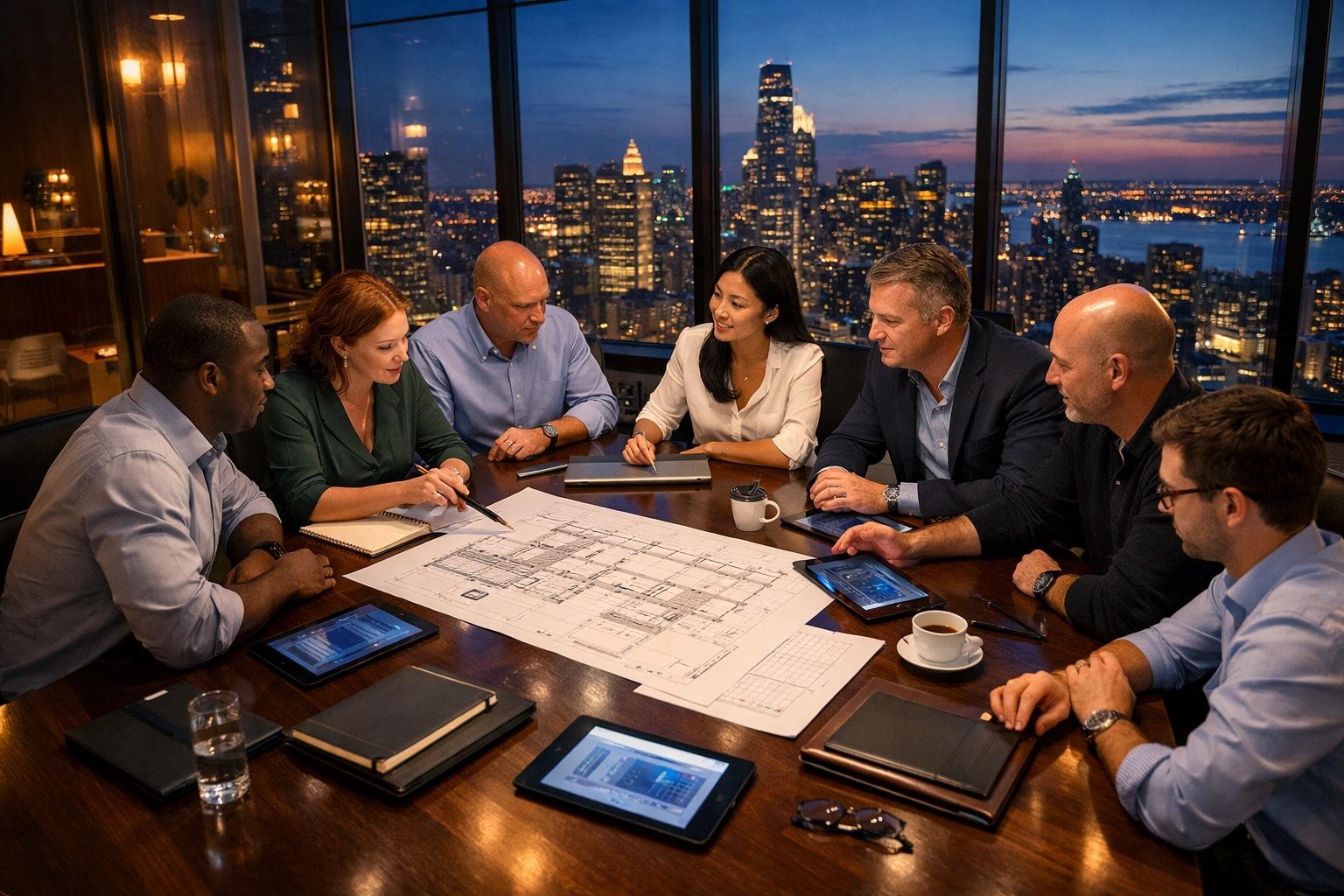 Team of strategists preparing creative production concepts in a modern boardroom for event excellence.