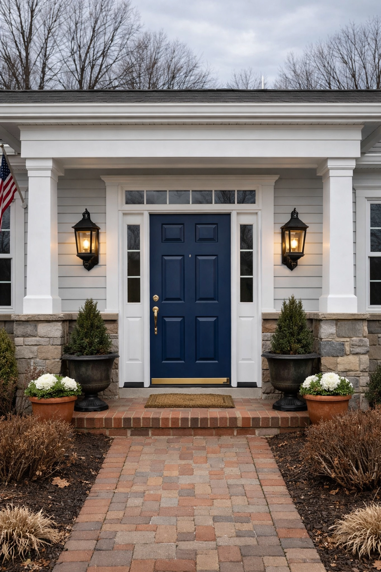 Northern Virginia home with navy blue front door and updated lighting showing winter curb appeal