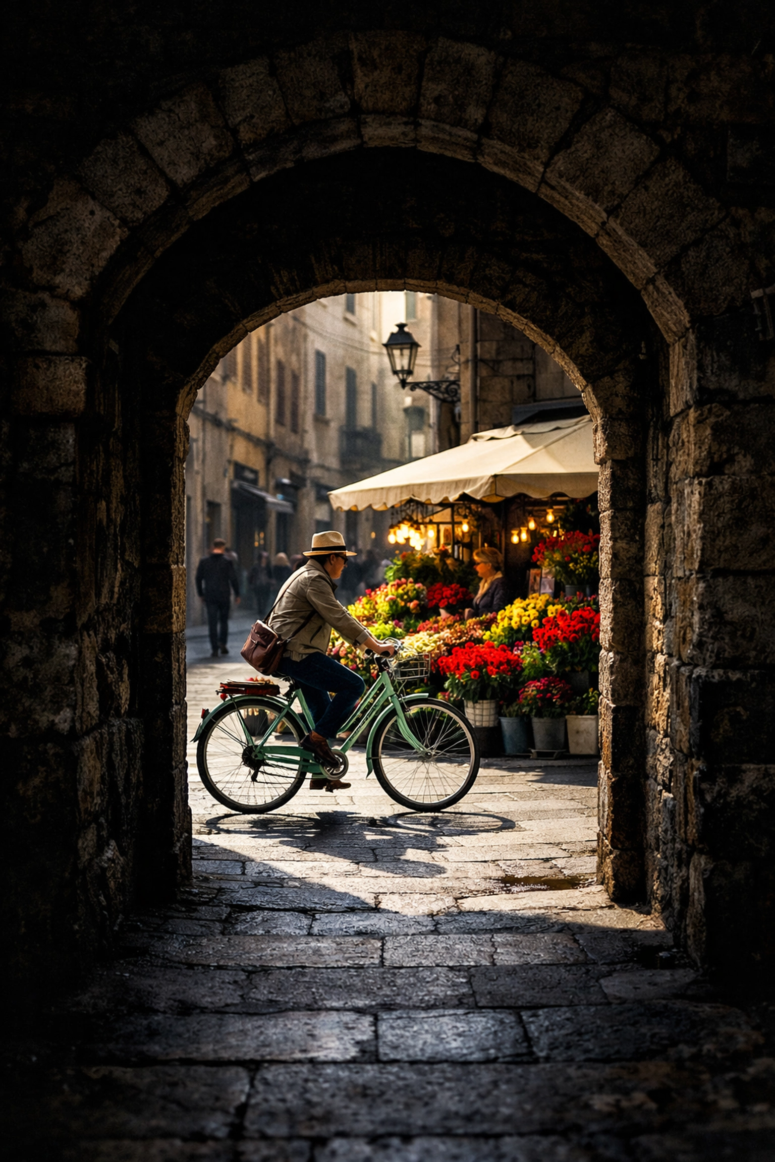 Street photography ideas showing a frame within a frame composition of a cyclist through a stone archway.