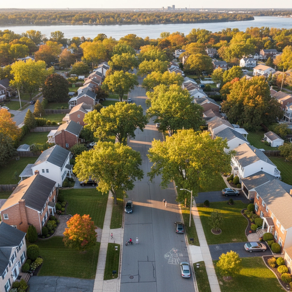 A quiet, tree-lined residential street in Cinnaminson, New Jersey, with well-maintained homes A quiet, tree-lined residential street in Cinnaminson, New Jersey, with well-maintained homes