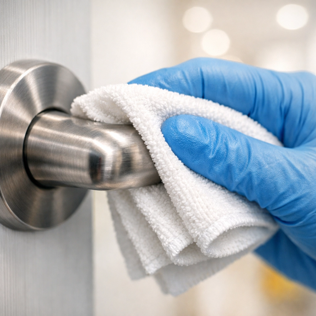 Hand sanitizing a doorknob during professional apartment cleaning in Marlborough to keep high-touch surfaces germ-free.