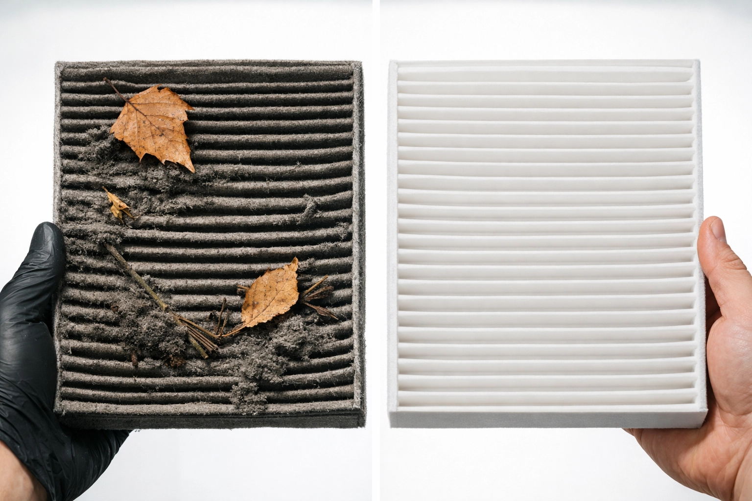 Side-by-side comparison of a dirty vs clean cabin air filter as part of affordable car maintenance.