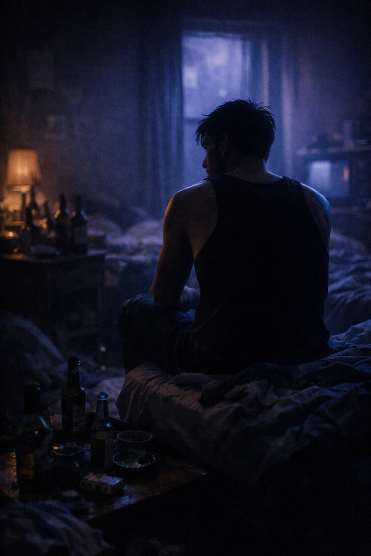 A lonely gay man in a dark room, showing the isolation of addiction found in gritty MM romance books.