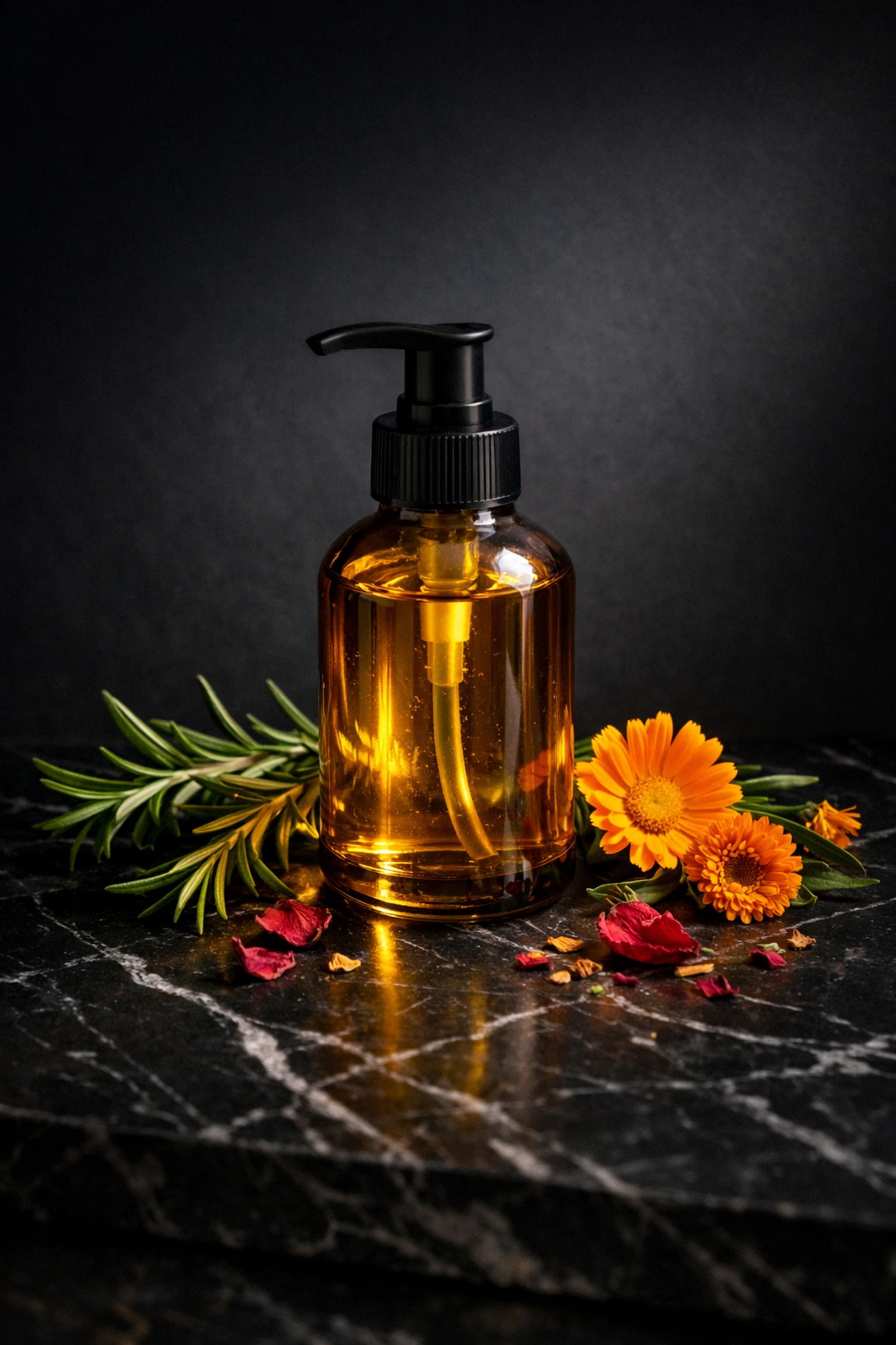 Concentrated waterless moisturizer in amber glass bottle surrounded by natural botanical ingredients