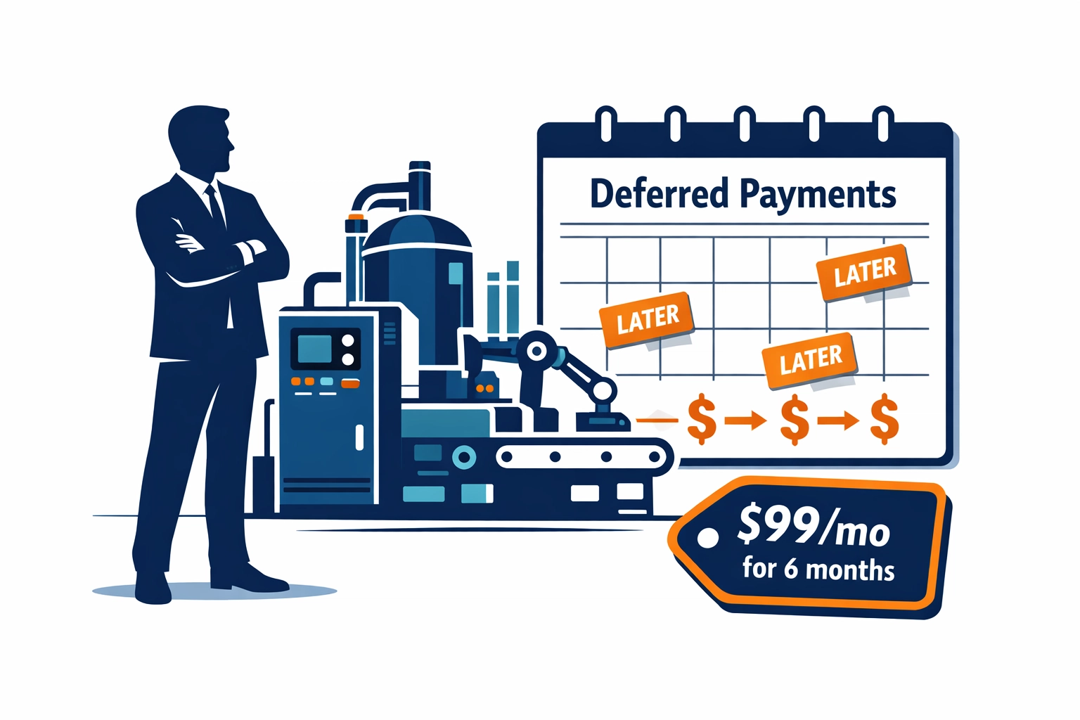 Business owner with industrial equipment showing deferred payment calendar for equipment financing