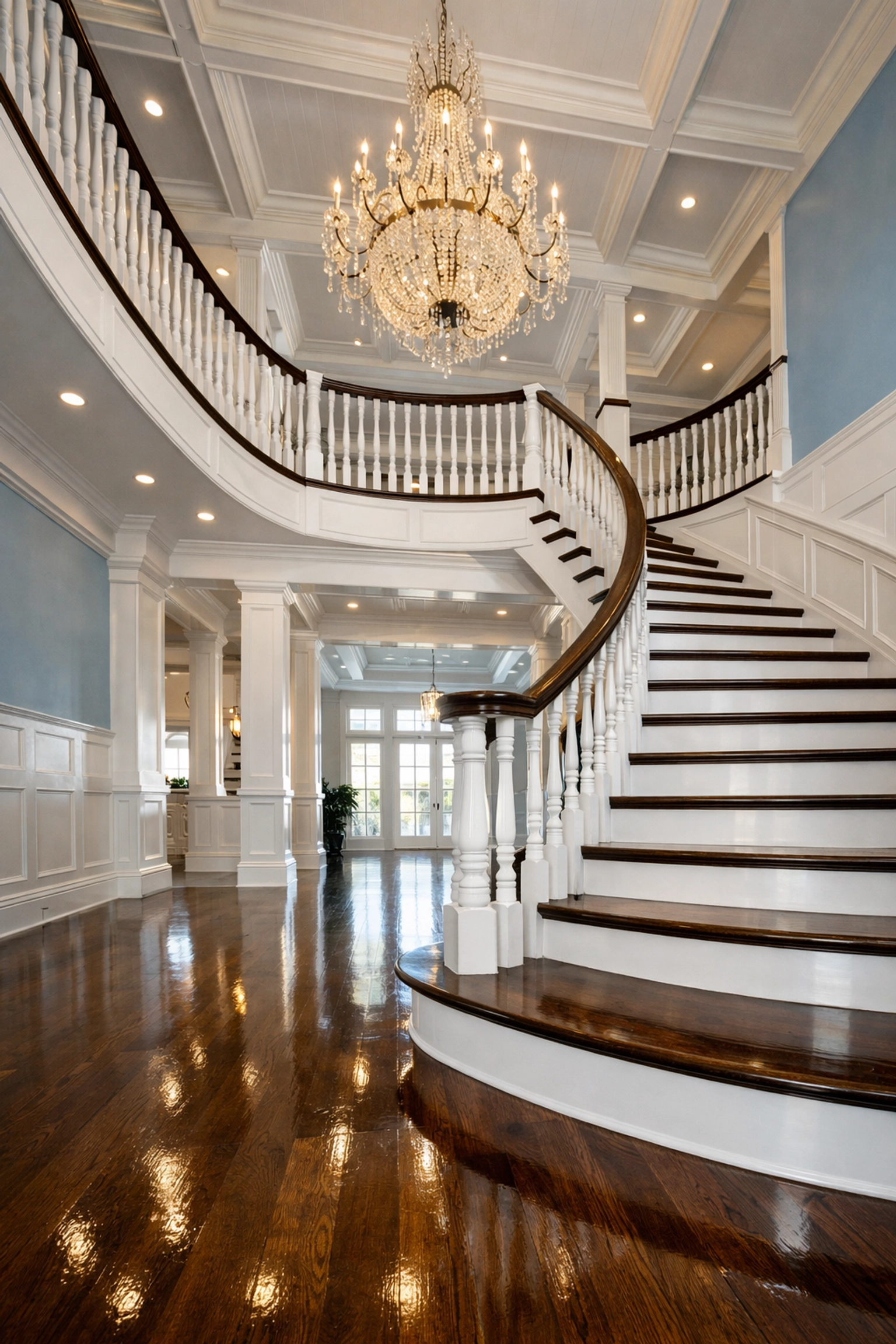 Professional cleaning for large Osterville estates featuring a grand foyer and polished hardwood floors.
