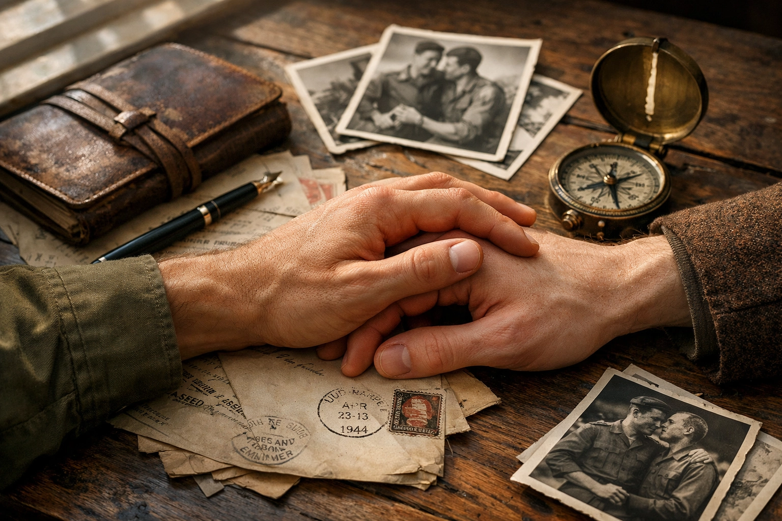 Hands of gay lovers touching over wartime letters and vintage WWII memorabilia