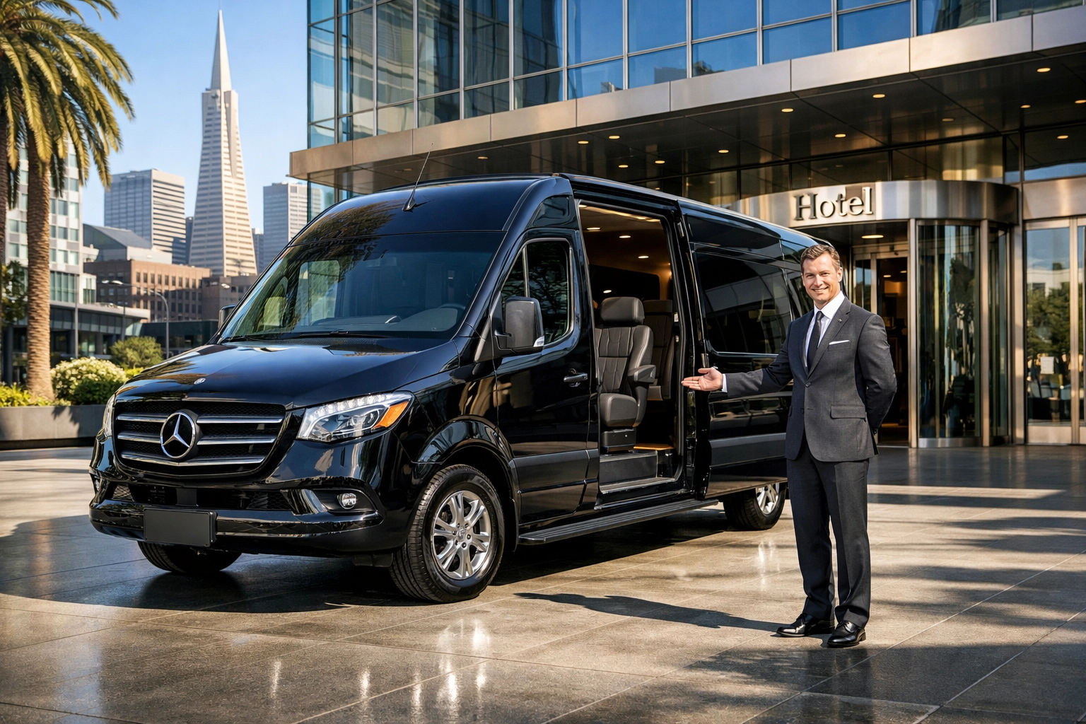 Luxury executive Sprinter and professional chauffeur at a San Francisco hotel for Super Bowl travel.