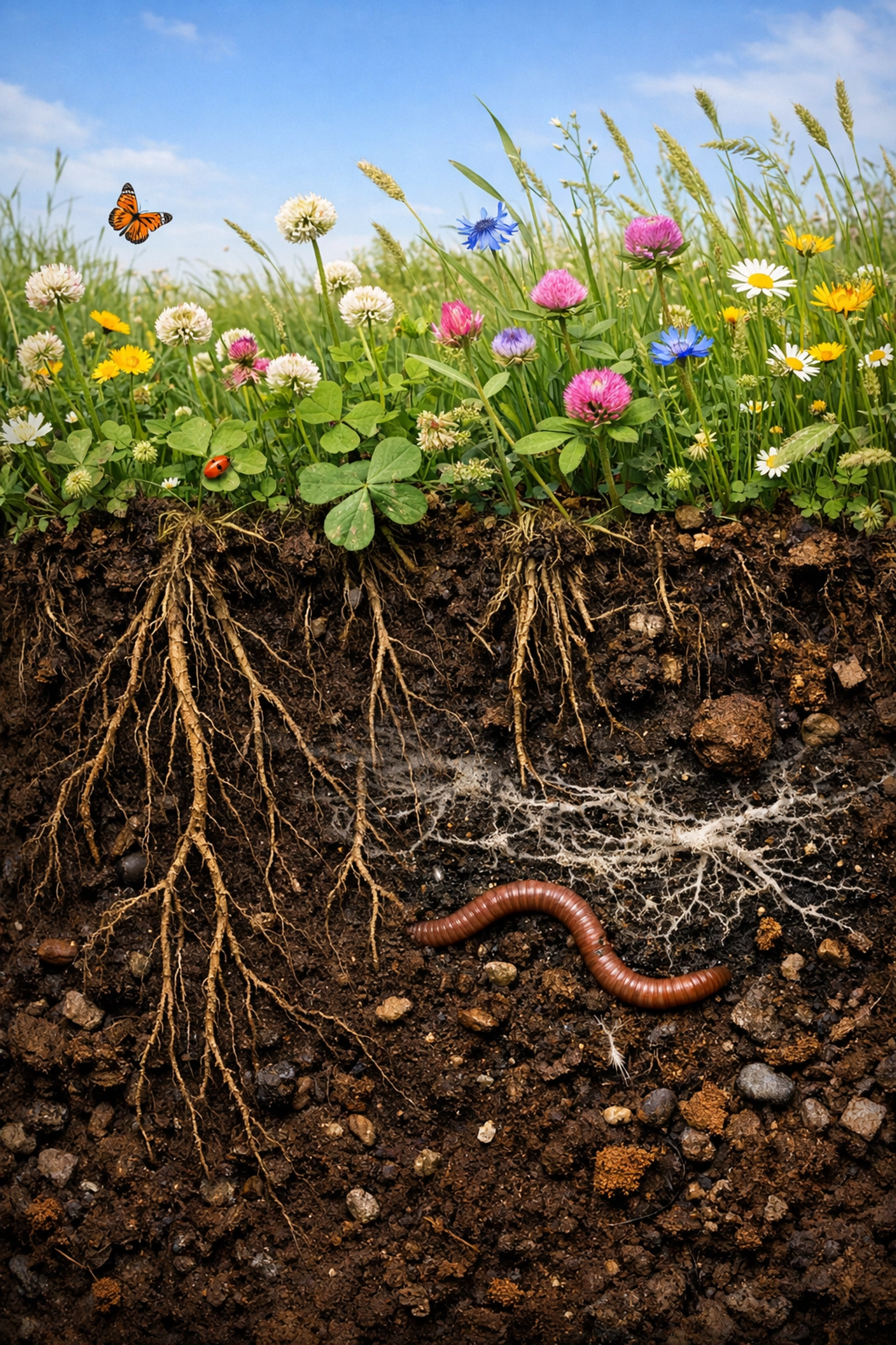 Sustainability strategy consulting for regenerative farming shown through a healthy soil cross-section.