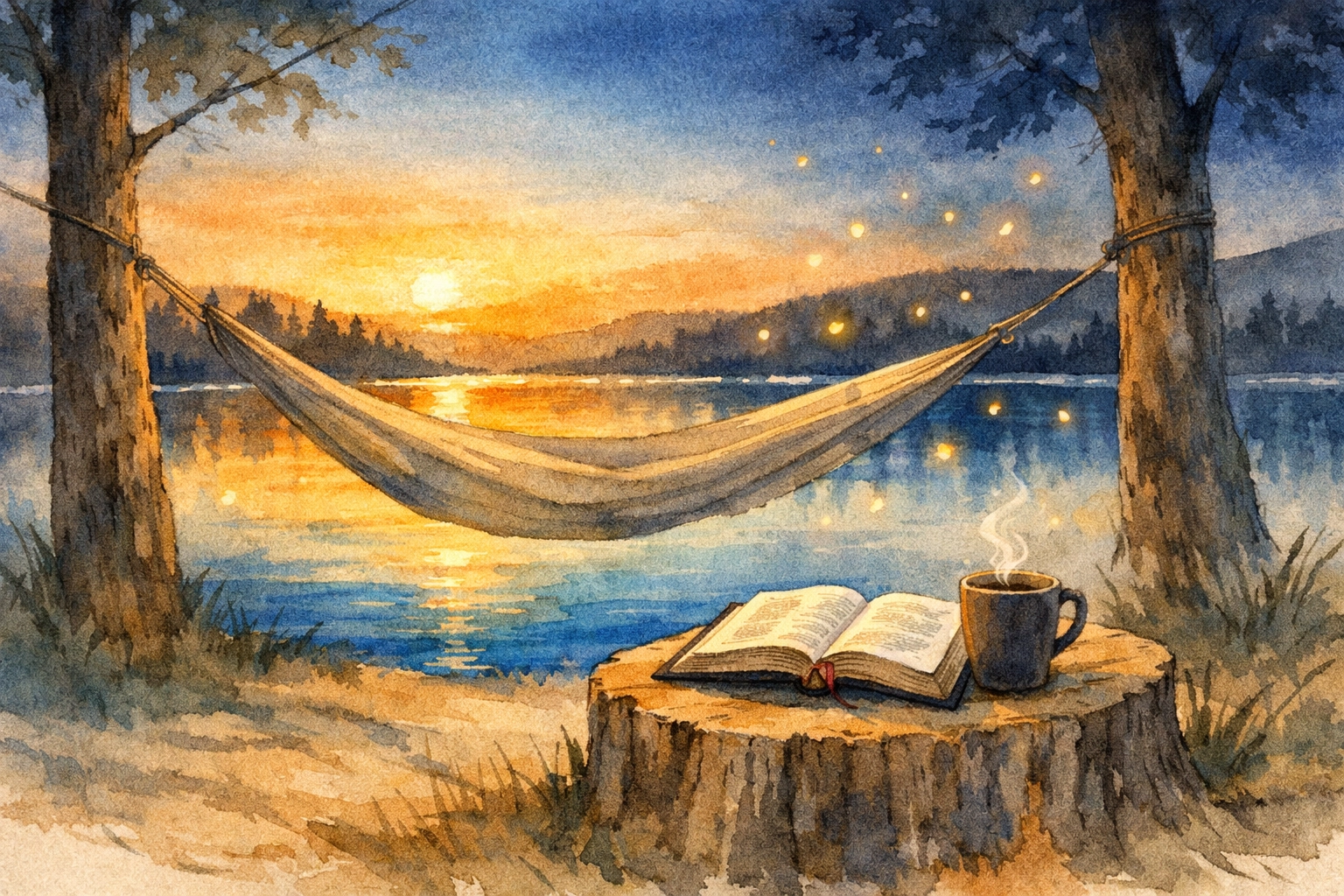 Peaceful Sabbath rest with hammock, Bible, and lake at sunset for Christian leaders