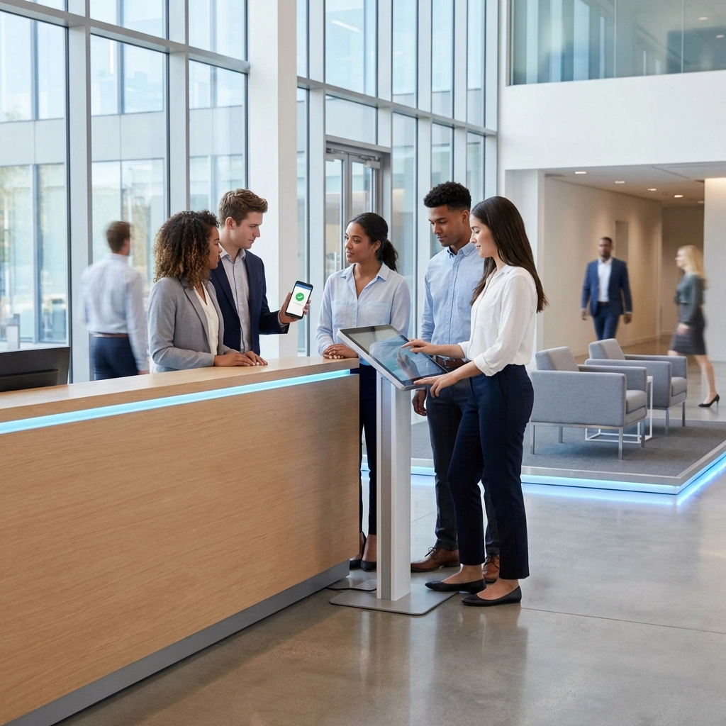 New employees completing digital onboarding using VeriNow identity authentication in a modern corporate lobby.