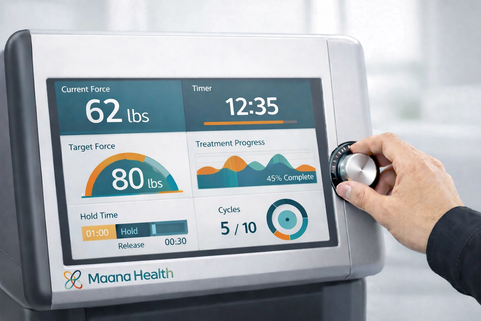Close-up of a spinal decompression bed control panel showing precision settings for non-surgical spine treatment.