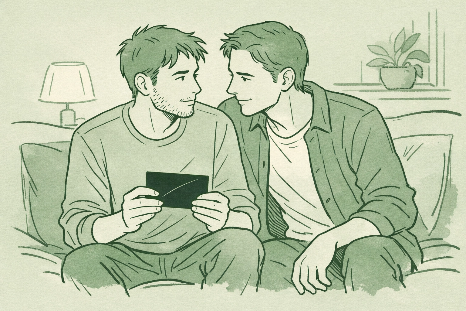 Gay couple discussing invitation on couch - MM romance exploring communication and trust