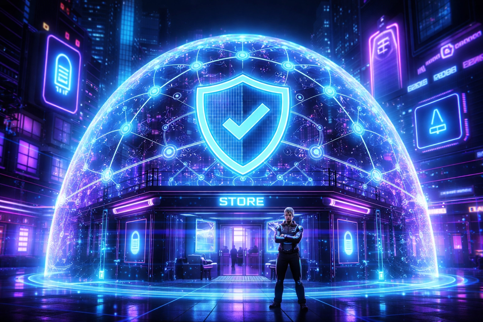Virtual storefront surrounded by a blockchain security shield, symbolizing metaverse payment compliance and trust.