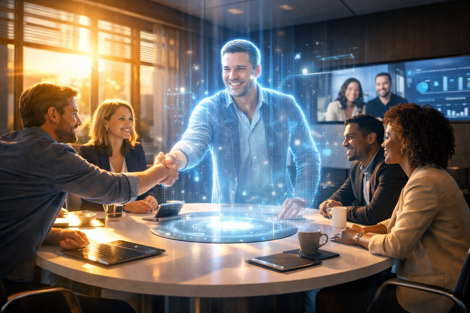 Menschen und KI-Hologramme arbeiten in einem modernen Büro zusammen, um Synergien der Arbeitswelt 2030 zu nutzen.
