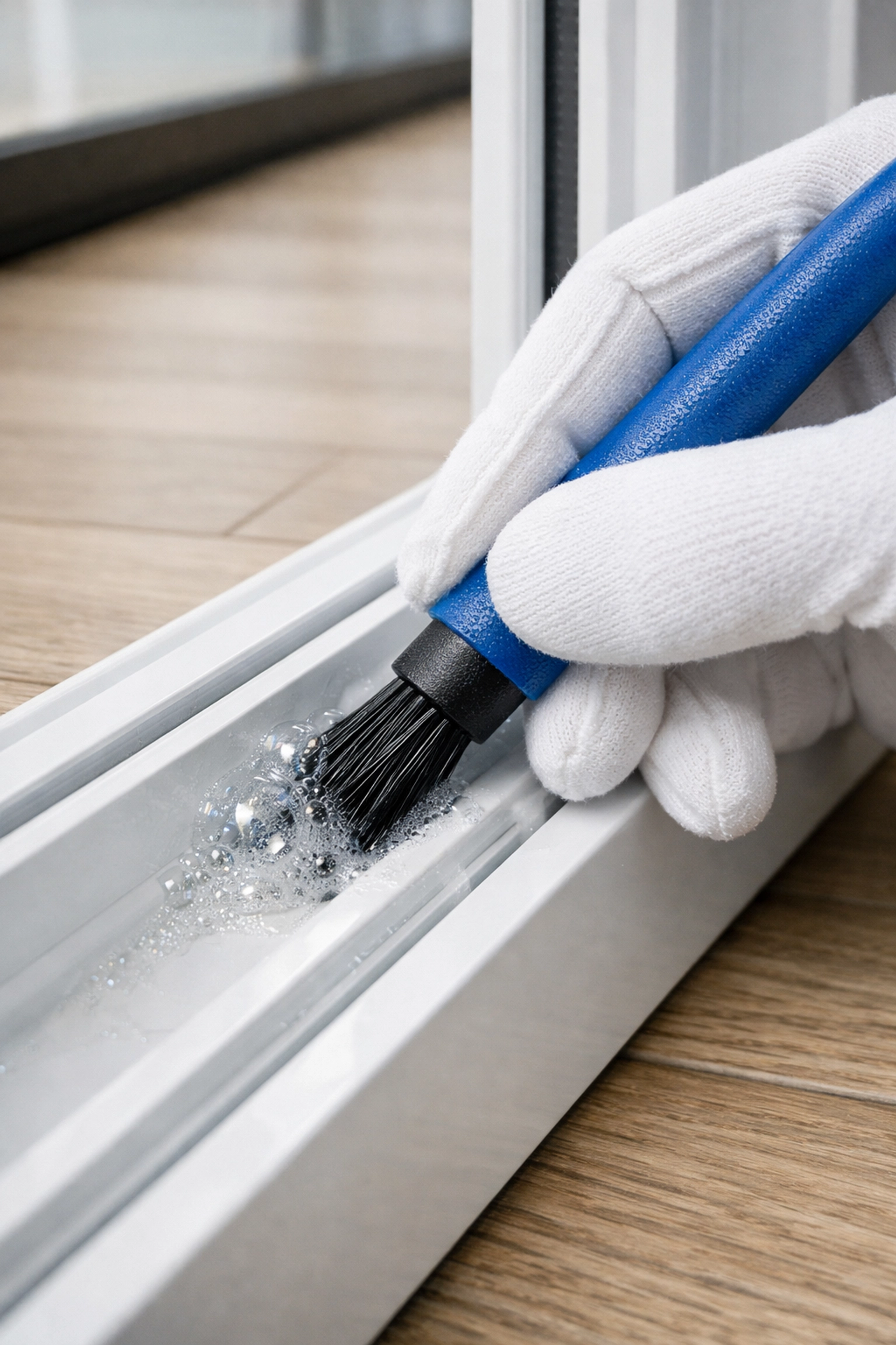 Detailed scrubbing of window tracks with a specialized brush to remove construction dust and grit.