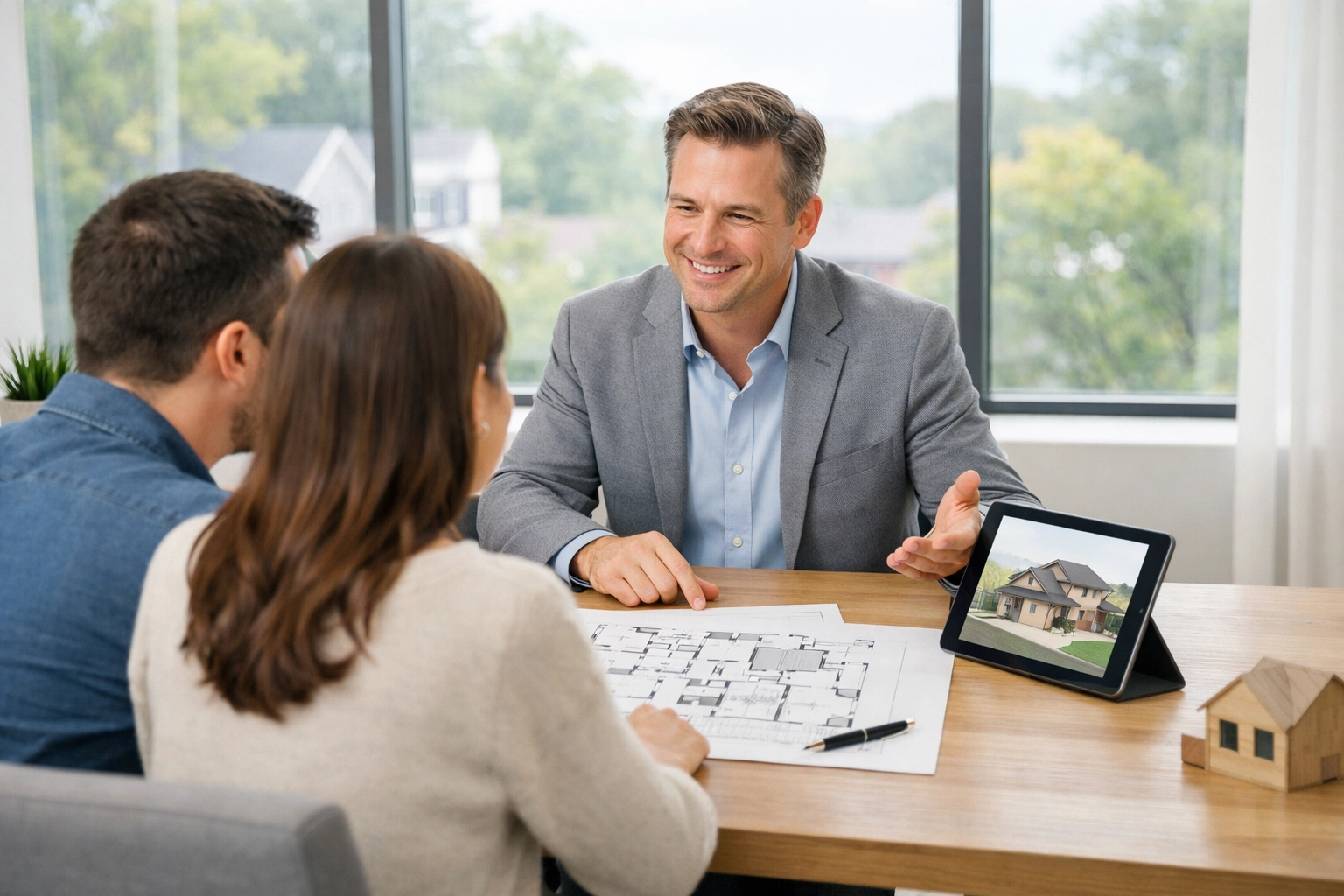 Real estate advisor in Durham discussing strategic home buying floor plans with homeowners.