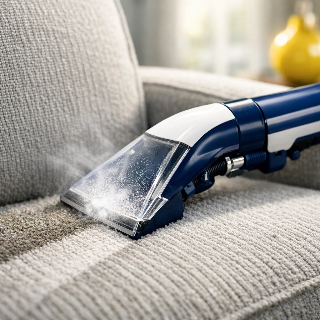 Professional upholstery extraction tool deep cleaning a fabric armchair in a Fitchburg home.