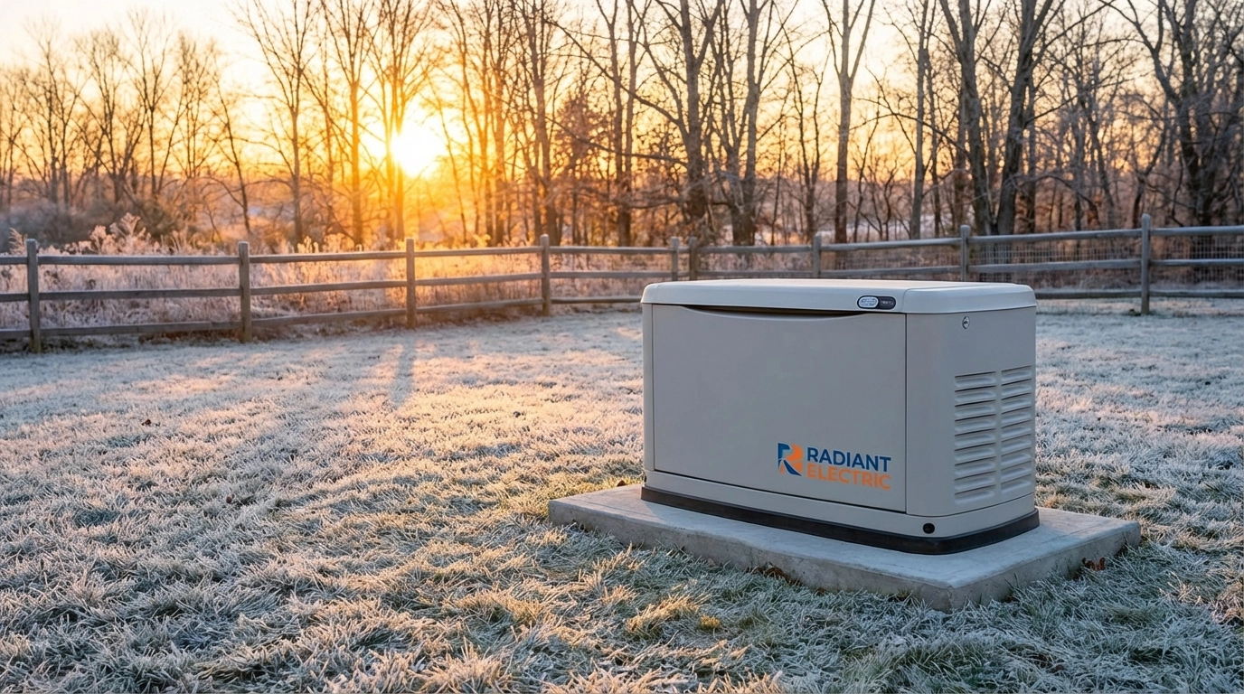 Whole house generator in a frosty backyard at sunrise, ready to protect Atlanta homes during winter outages