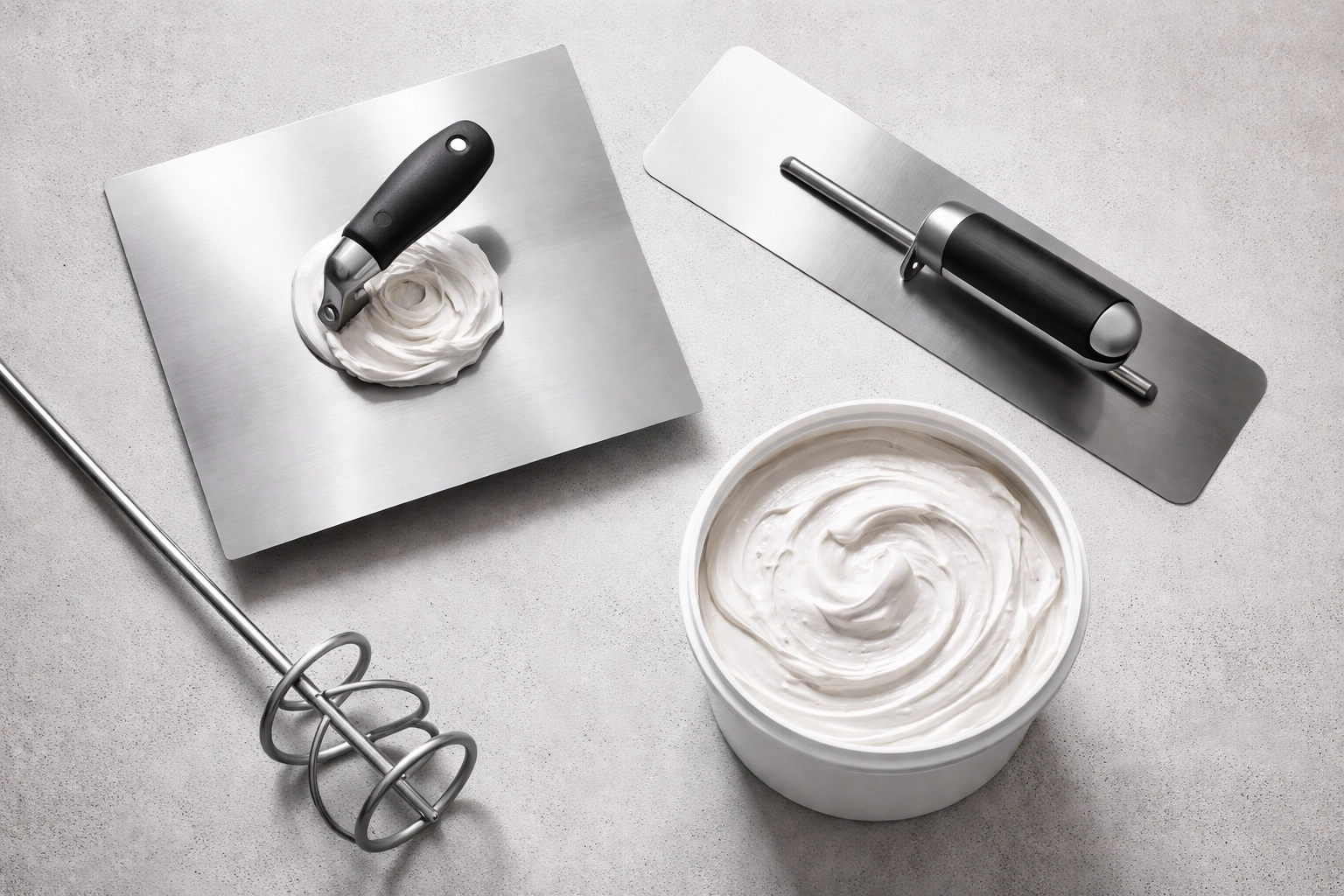 Flat-lay of premium drywall tools and joint compound, highlighting craftsmanship and quality materials