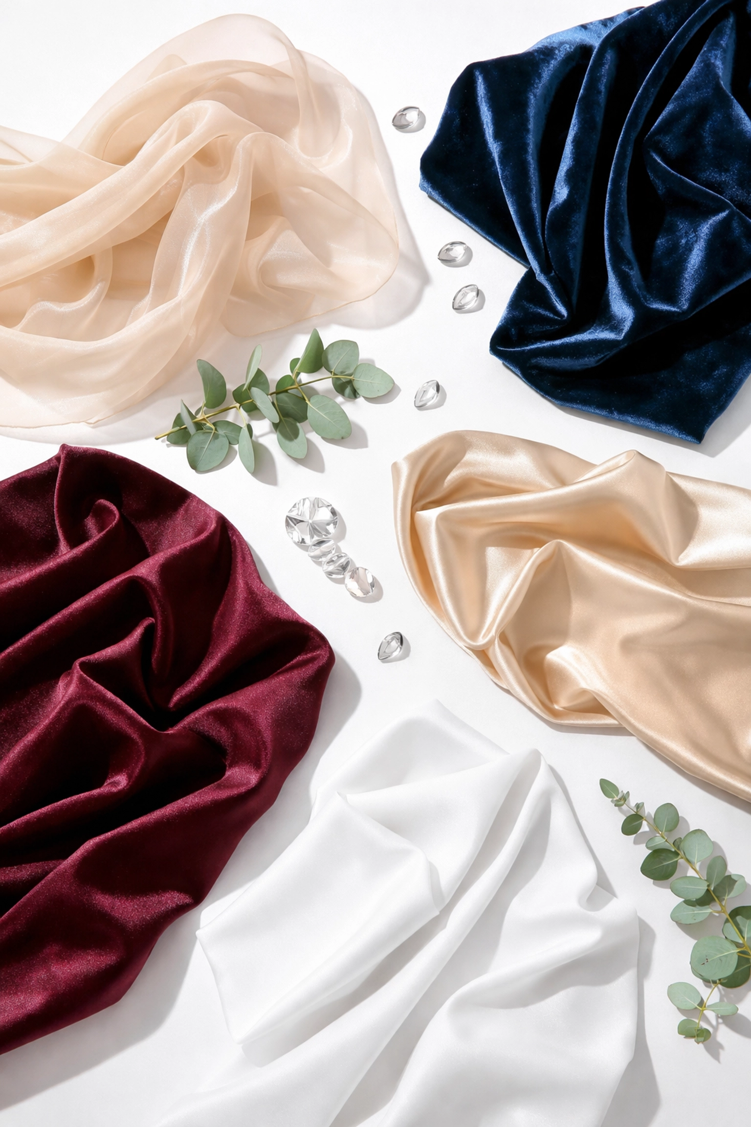 Assorted event fabric swatches including sheer organza, velvet, satin, and white poly drape displayed on white background