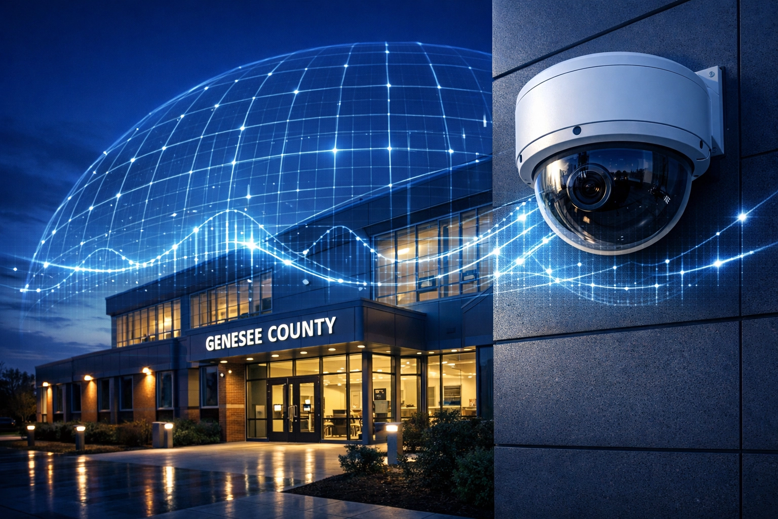 Surveillance camera with AI detection overlays securing a Genesee County building for enhanced public safety.