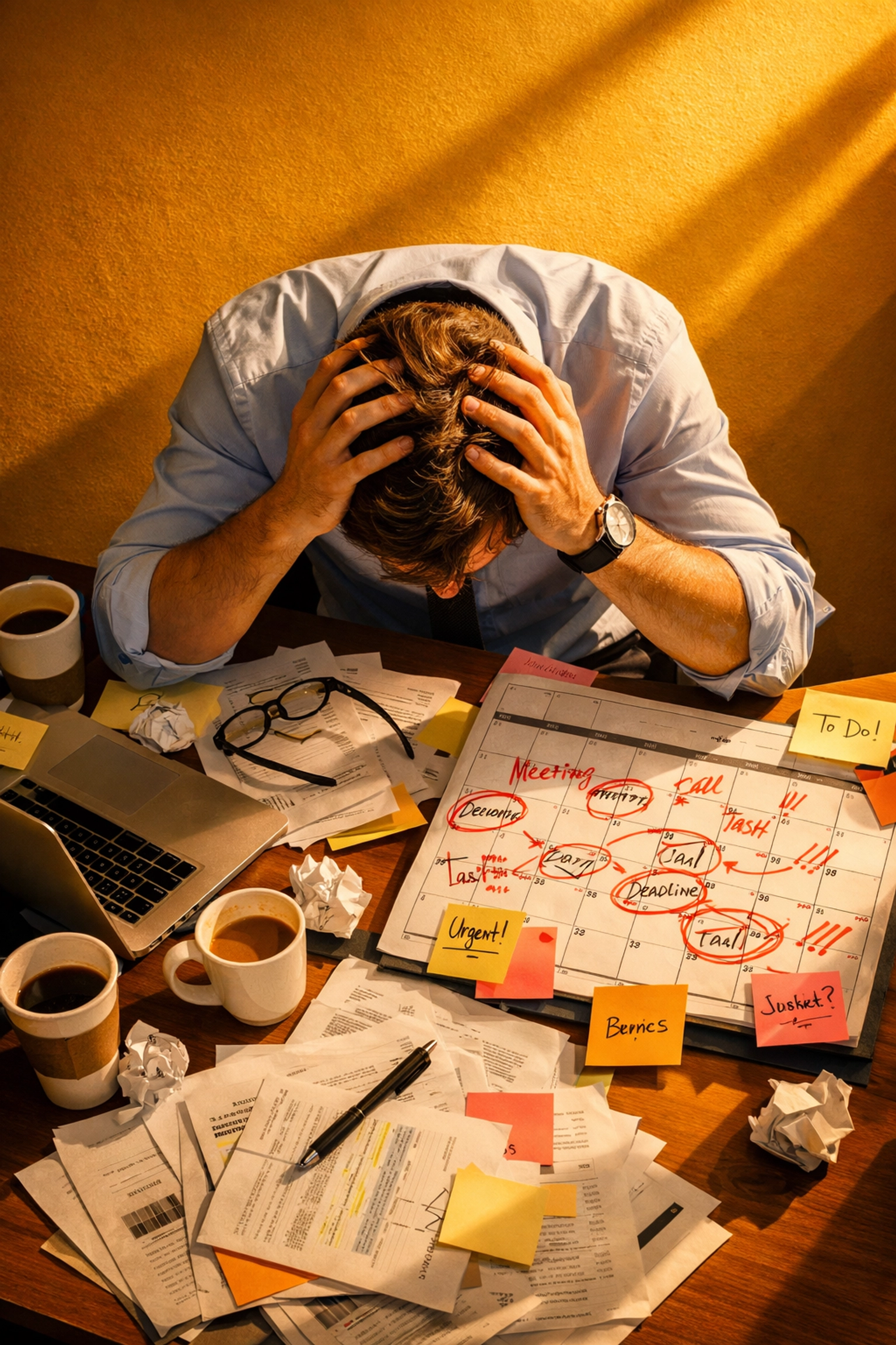 Overwhelmed podcaster surrounded by deadlines struggling with weekly podcast burnout