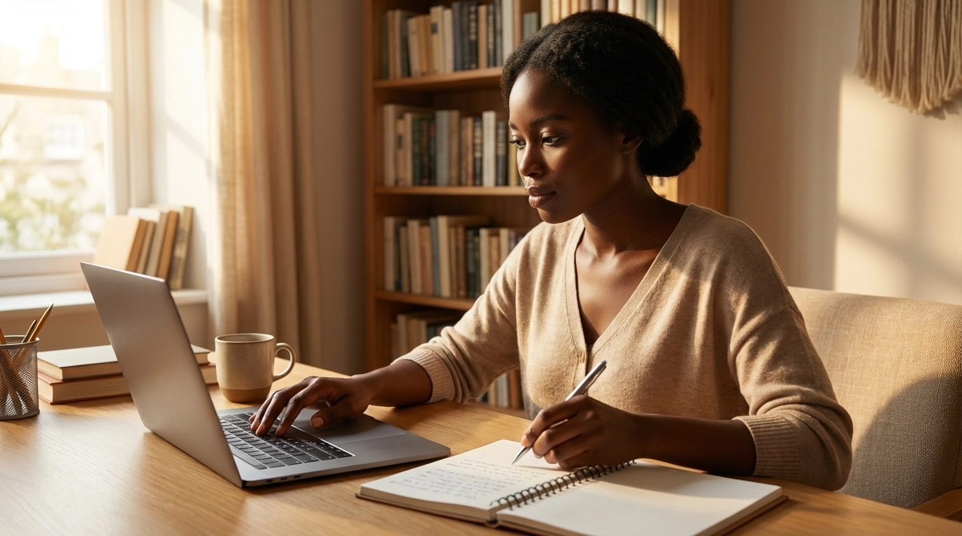 Black woman writer working at her desk with laptop and notebook