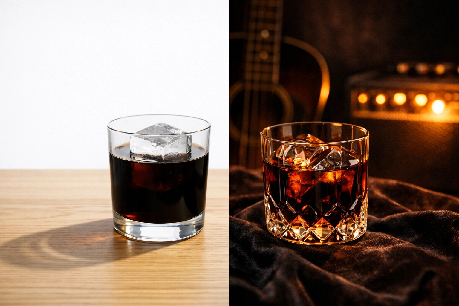 Side-by-side comparison of clear cold brew coffee and rich, dark coffee liqueur in elegant glasses.