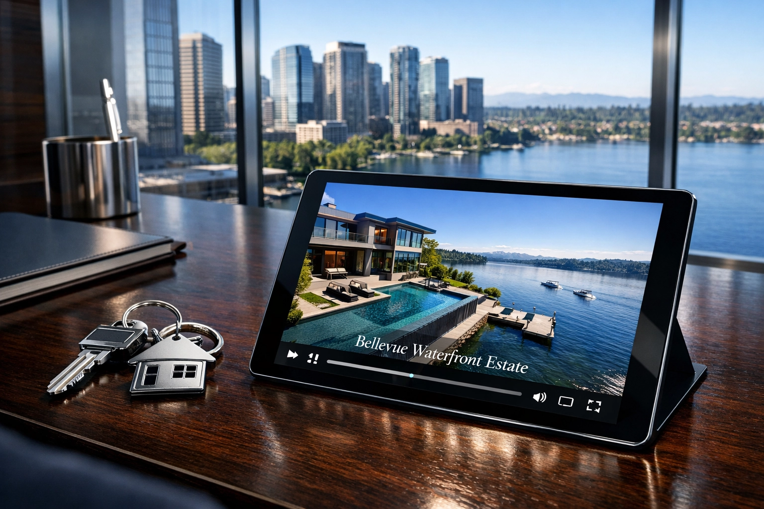 Digital marketing suite displaying luxury homes for sale in Bellevue WA with a professional video walkthrough.